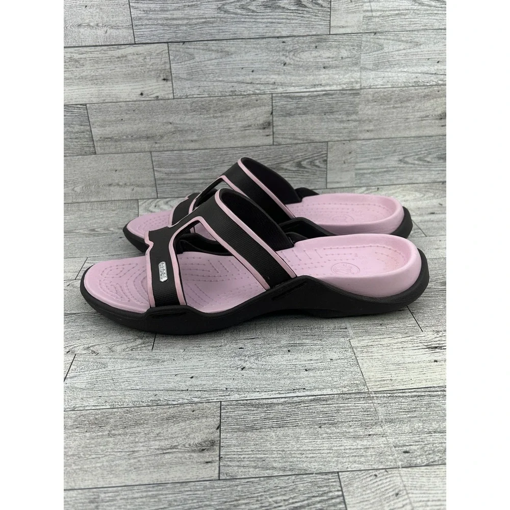 Crocs Women Slide Sandals Brown Pink‎ Dual Strap Slip On Shoes Size 11